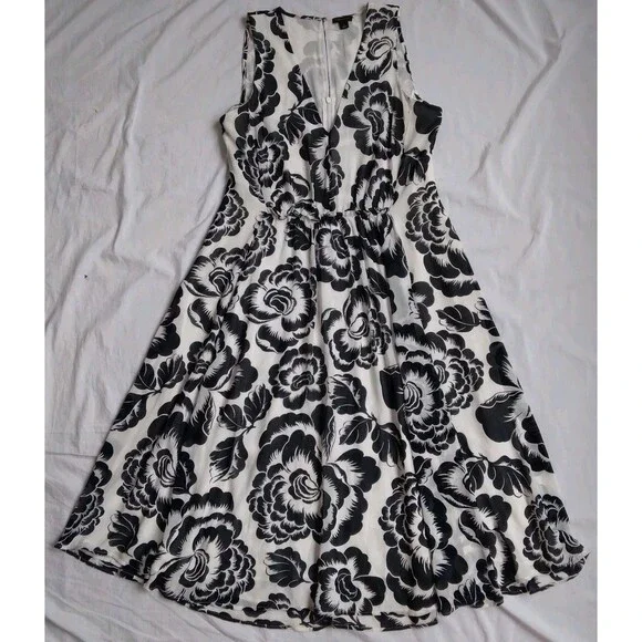 Ann Taylor Black White Floral Dress Midi Cottagecore Feminine Women's Large - Picture 1 of 12